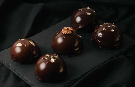 Delicious mousse cakes coated in chocolate glaze sprinkled with gold on a dark background.の写真素材