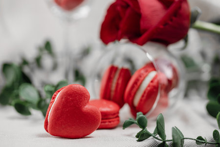 Red macarons for Valentine's day on a bright bacgkround.の写真素材