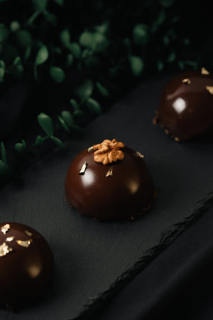 Delicious mousse cakes coated in chocolate glaze sprinkled with gold. Delicious mousse on a dark background.の写真素材