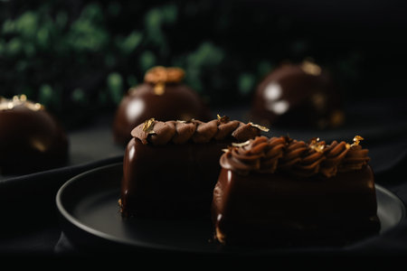 Delicious mousse cakes coated in chocolate glaze sprinkled with gold. Delicious mousse on a dark background.の写真素材