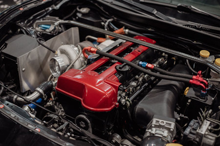 Close up of an engine. Freshly cleaned engine. Shiny engine.の写真素材