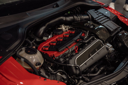 Close up of an engine. Freshly cleaned engine. Shiny engine.の写真素材