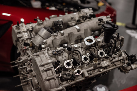 Close up of an engine. Freshly cleaned engine. Shiny engine.の写真素材