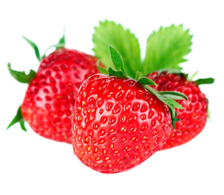 Beautiful ripe red fresh appetizing strawberries with leaves  Isolated on a white background  Studio macroの写真素材