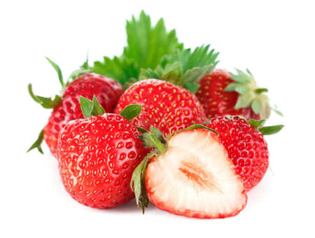 Beautiful ripe red fresh appetizing strawberries with leaves  Isolated on a white background の写真素材