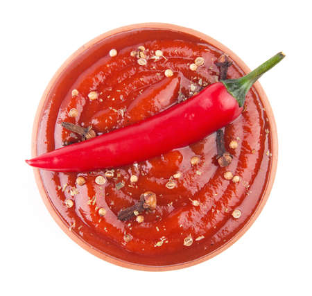Red sauce isolated on white backgroundの写真素材
