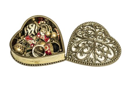 Vintage ornate heart shape Trinket box isolated on whiteの写真素材