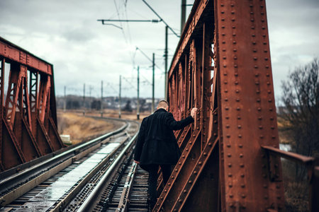 Young man with beard walking on the railway