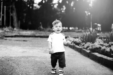 Pretty little baby playing outdoor in the parkの写真素材