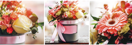 Bouquet of flowers in the box with place for your text, collageの写真素材