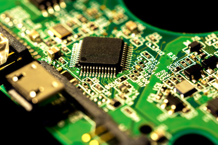 Microcircuits of the computer chip close up