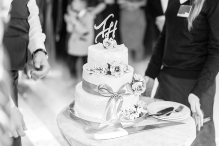 Pretty wedding couple with wedding cake on the partyの写真素材