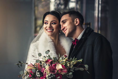 Pretty wedding couple outdoorの写真素材