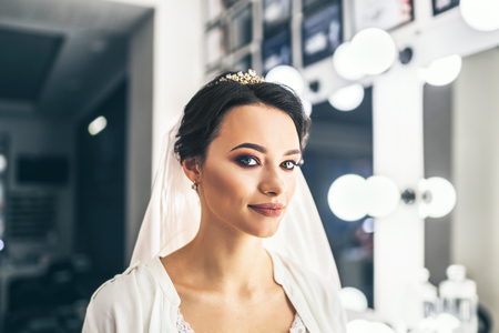 Beautiful bride on makeup before wediing の写真素材