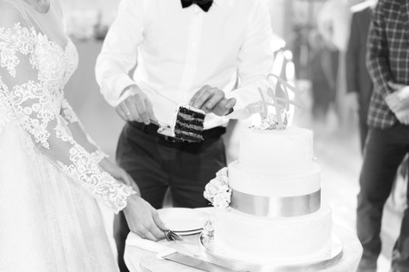 Pretty wedding couple with wedding cake on the partyの写真素材