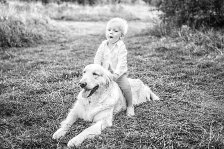 Cute little baby boy have fun with dog