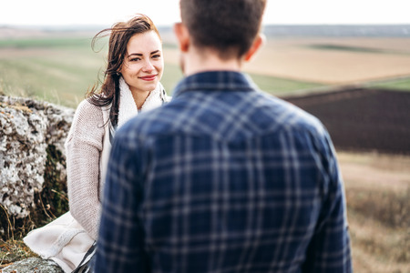 Romantic happy couple enjoy spending time together outdoorの写真素材