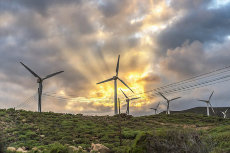 Landscape with turbine green energy generating electricity , windmills for electric power production