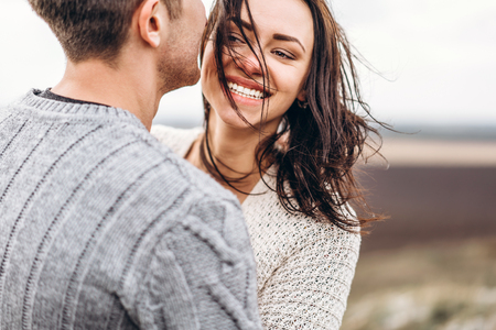 Romantic happy couple enjoy spending time together outdoorの写真素材