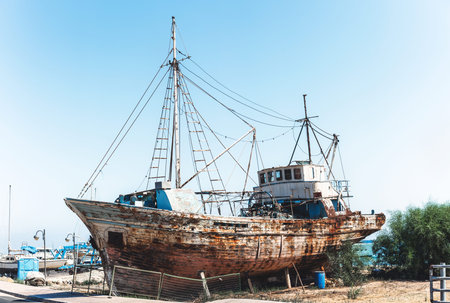 Old rusty fishing ship standing on land near sea