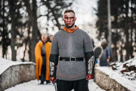 The evil emotions of a young warrior who goes to battle with the sword. Battle near the castle in winter on the background.の写真素材