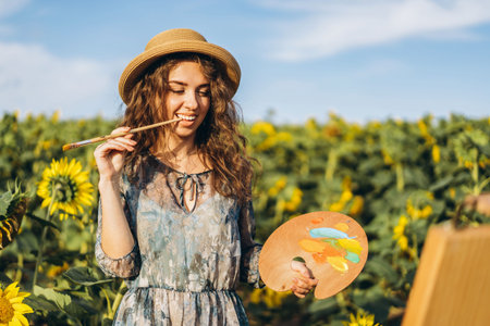 Portrait of smiling female artist with curly hair in hat. Girl draws a picture of a landscape in a...