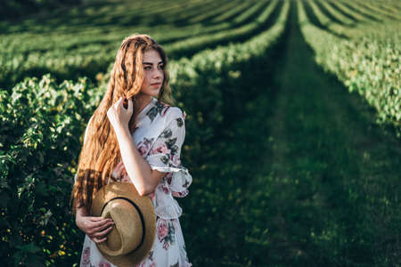 Portrait of a beautiful young woman with curly hair and freckles face. Woman in dress and hat posing in wheat field at sunset and looking at camera.の写真素材