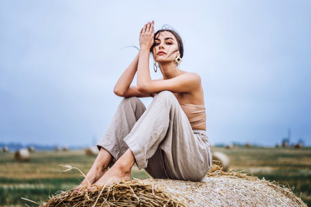Brunette in linen pants and bare shoulders sitting on a hay bales in warm autumn day. Woman looking...