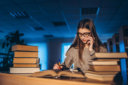 Young girl student with glasses in library smiling and carries stack of books. Exam preparation.