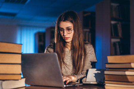 Young girl student with glasses in library smiling and carries stack of books. Exam preparation.