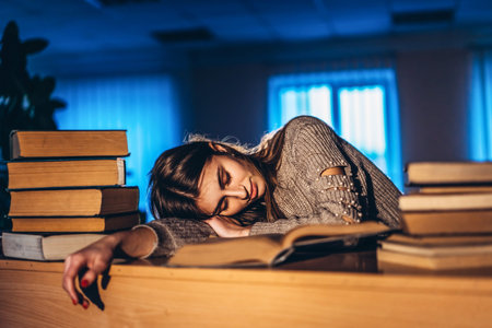 Young girl student with glasses in library smiling and carries stack of books. Exam preparation.の写真素材