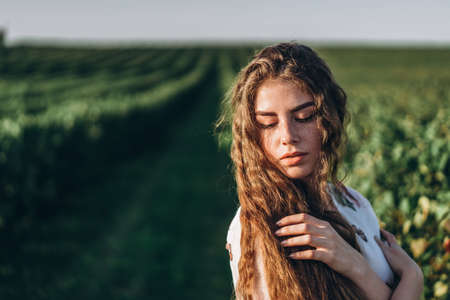 Full length portrait of beautiful woman with long curly hair on currant field background. Girl in a light dress sits on the grass in sunny day.の写真素材