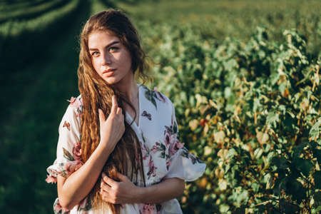 beautiful woman with long curly hair and freckles face on currant field background. Girl in a light dress walks in the summer sunny day.の写真素材