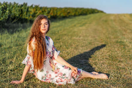 Full length portrait of beautiful woman with long curly hair on currant field background. Girl in a light dress sits on the grass in sunny day.の写真素材