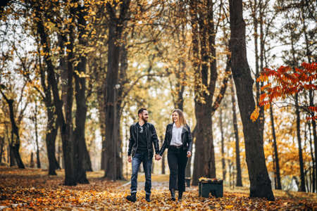 Portrait of a happy loving couple walking outdoor in the autumn park. Man and woman holding hands and smilling.の写真素材