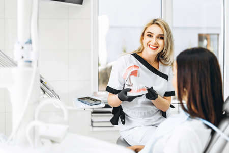 Pretty female dentist explaining way of treatment on the denture for the patient in the clinicの写真素材