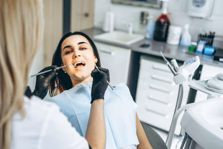Pretty young female dentist making examination and treatment for young female patient in dental clinicの写真素材