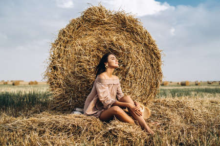 A young woman with long hair and in a dress sits near a hay bale. Woman posing smiling and looking at camera.の写真素材