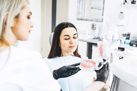 Pretty female dentist explaining way of treatment on the denture for the patient in the clinicの写真素材