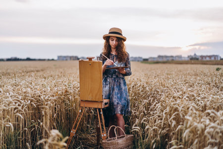 Portrait of smiling female artist with curly hair in hat. Girl draws a picture of a landscape in a...