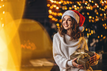 Christmas, New Year. Pretty woman in warm sweater, socks and christmas hat, sitting on the floor at home with gift boxes and new year tree and lights behindの写真素材