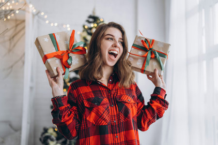 Christmas, New Year. Pretty woman in shirt and socks walking at home with christmas gift box, new year tree behindの写真素材