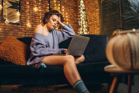 Pretty young brunette at home on the couch using laptop, online education, studying, shopping, working conceptの写真素材