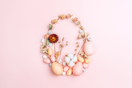 Creative flat lay photo of easter eggs on colorful background