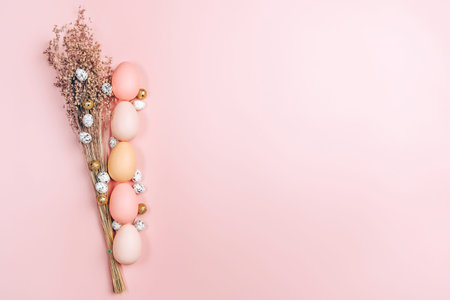 Creative flat lay photo of easter eggs on colorful backgroundの写真素材