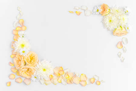 Creative layout composition of flowers on pastel backgroundの写真素材