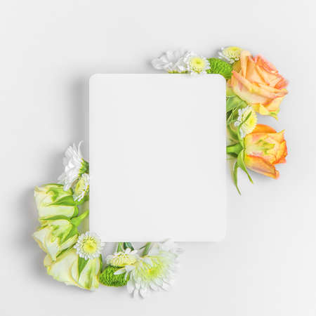 Creative layout composition of flowers on pastel backgroundの写真素材