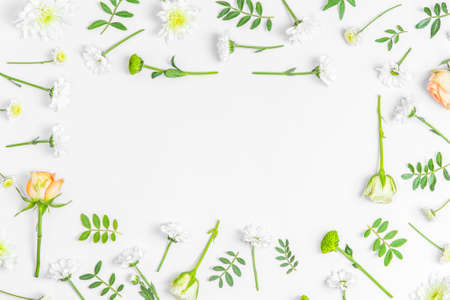 Creative layout composition of flowers on pastel backgroundの写真素材