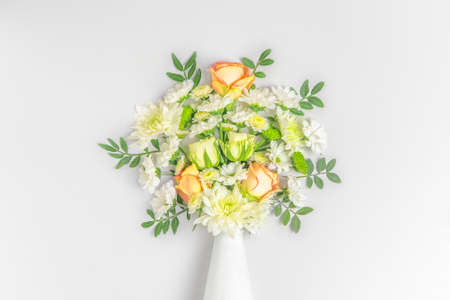 Creative layout composition of flowers on pastel backgroundの写真素材