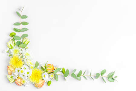 Creative layout composition of flowers on pastel backgroundの写真素材